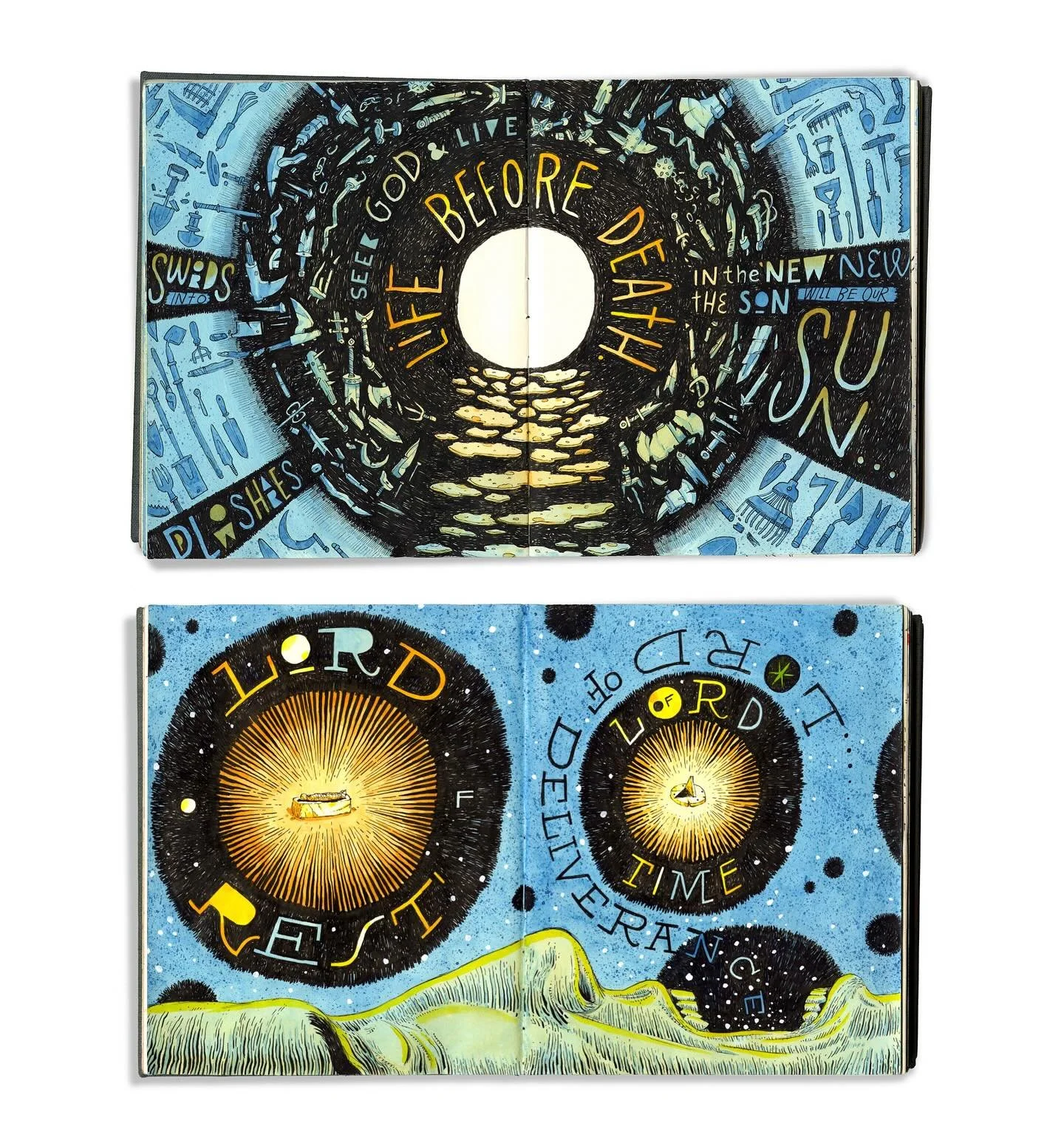 Two new spreads from my sketchbook. Part of a series about death, life, and beyond. #pen #penandinkdrawing #sketchbook #drawinginchurch