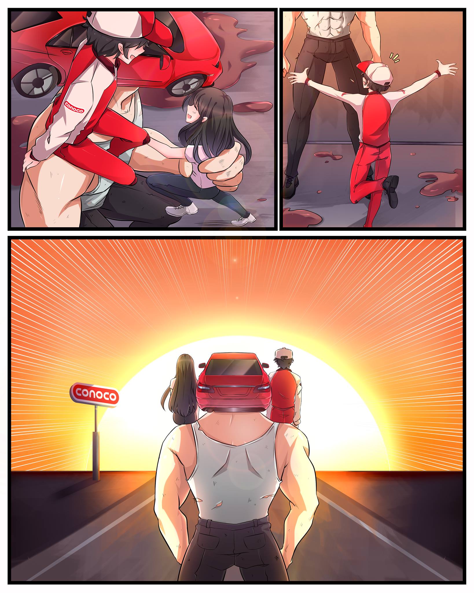 行く - Part 6 Together with their new friend Dori, Conoco-kun and Carhead set off on their next adventure. It didn’t matter where they went, for Stay was no more. They were free to choose. And they chose go.