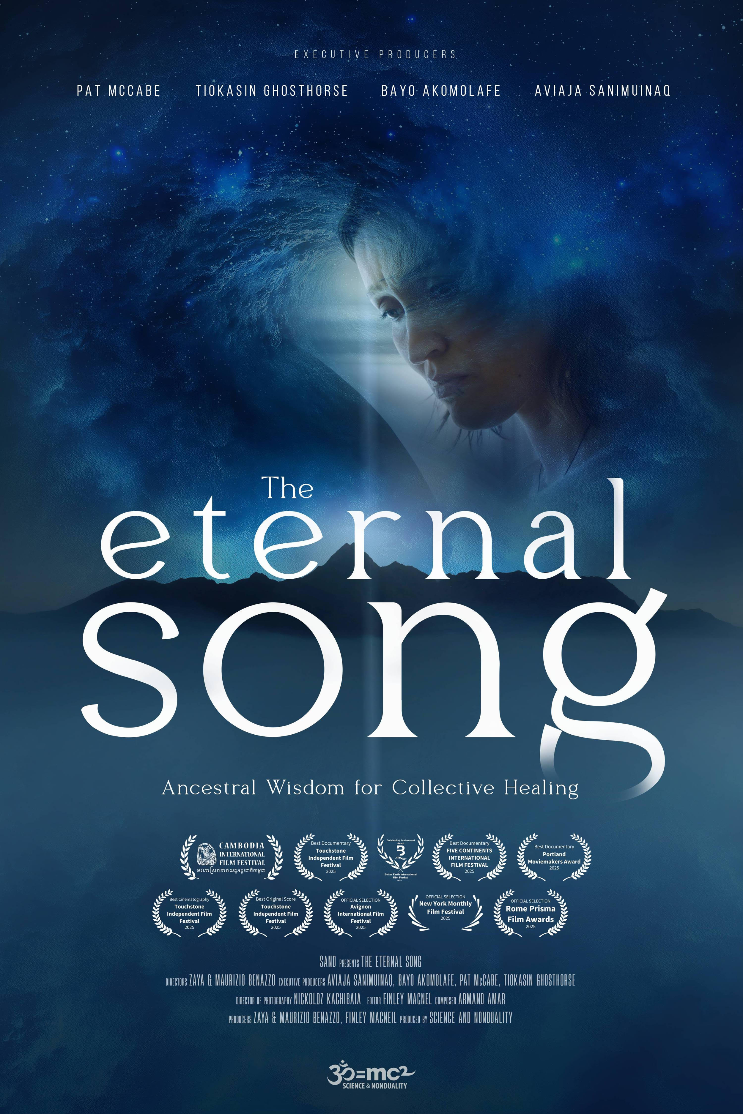 An image of a movie poster "The Eternal Song" that is a dark blue sky with starts and clouds and a womans concerned face in the center. Click for more details.