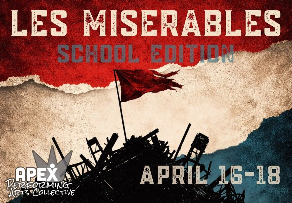 A graphic for Les Miserables: School Edition. It has a red sky made of paper that turns into a white background center. There is a pile of furniture, wood, debris with a single red flag standing center on a pole.