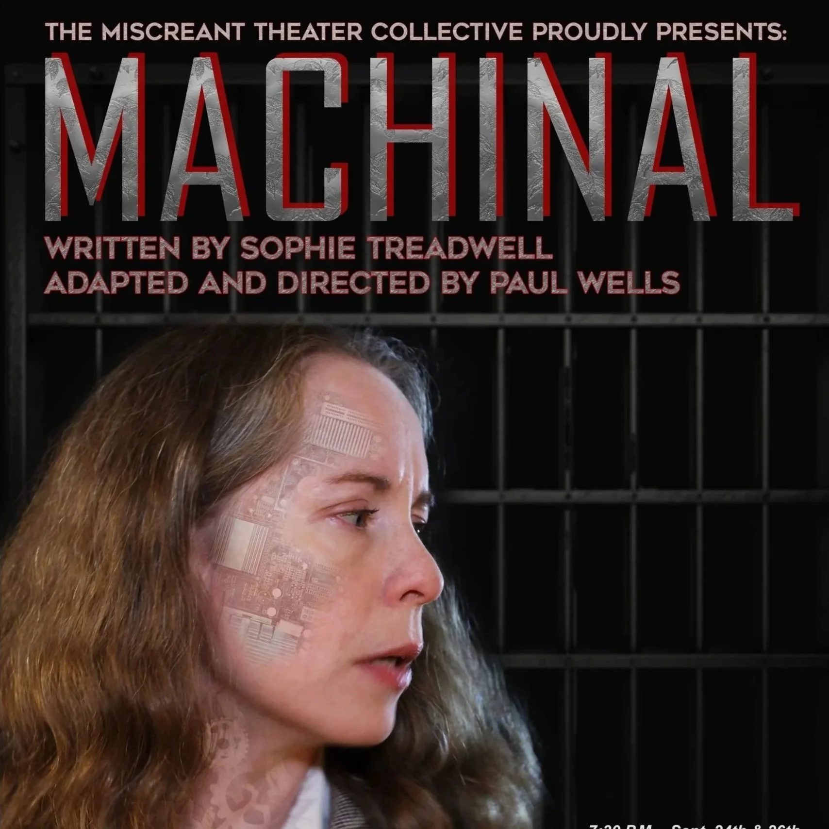 A white woman with light brown hair in her 40's in profile but you see through her skin to see a computer underneath. Graphic reads "Machinal". Click for ticktes.