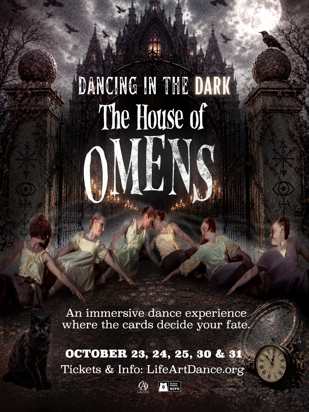 Dancing In The Dark The House of Omens reads at the gate of a creepy, dark castle with ghost dancers on the floor. Click for details.