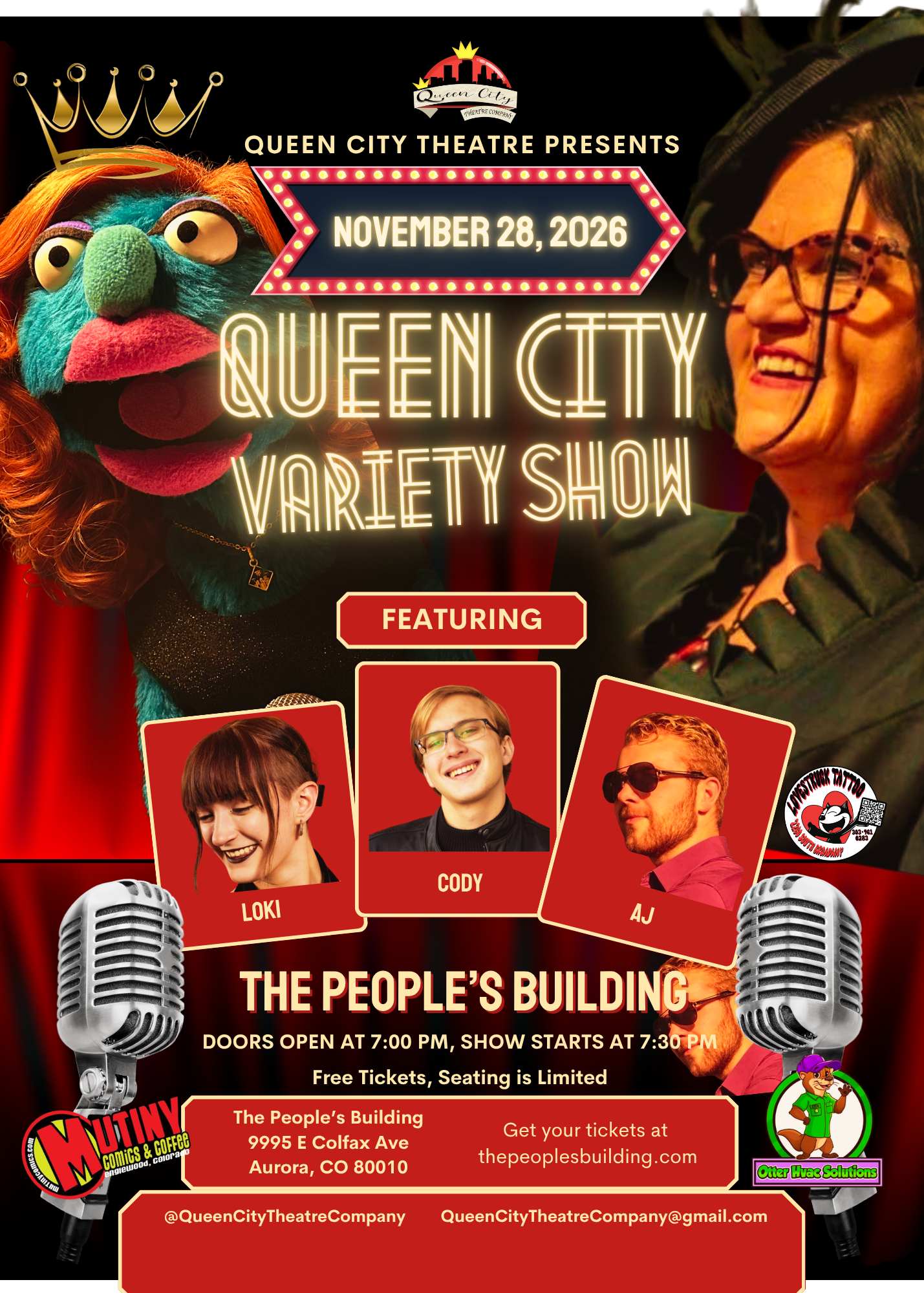 Queen City Variety Show poster with a white woman smiling and a puppet speaking. November 28th with photos of featured performers - Loki, Cody and AJ. Click for tickets.