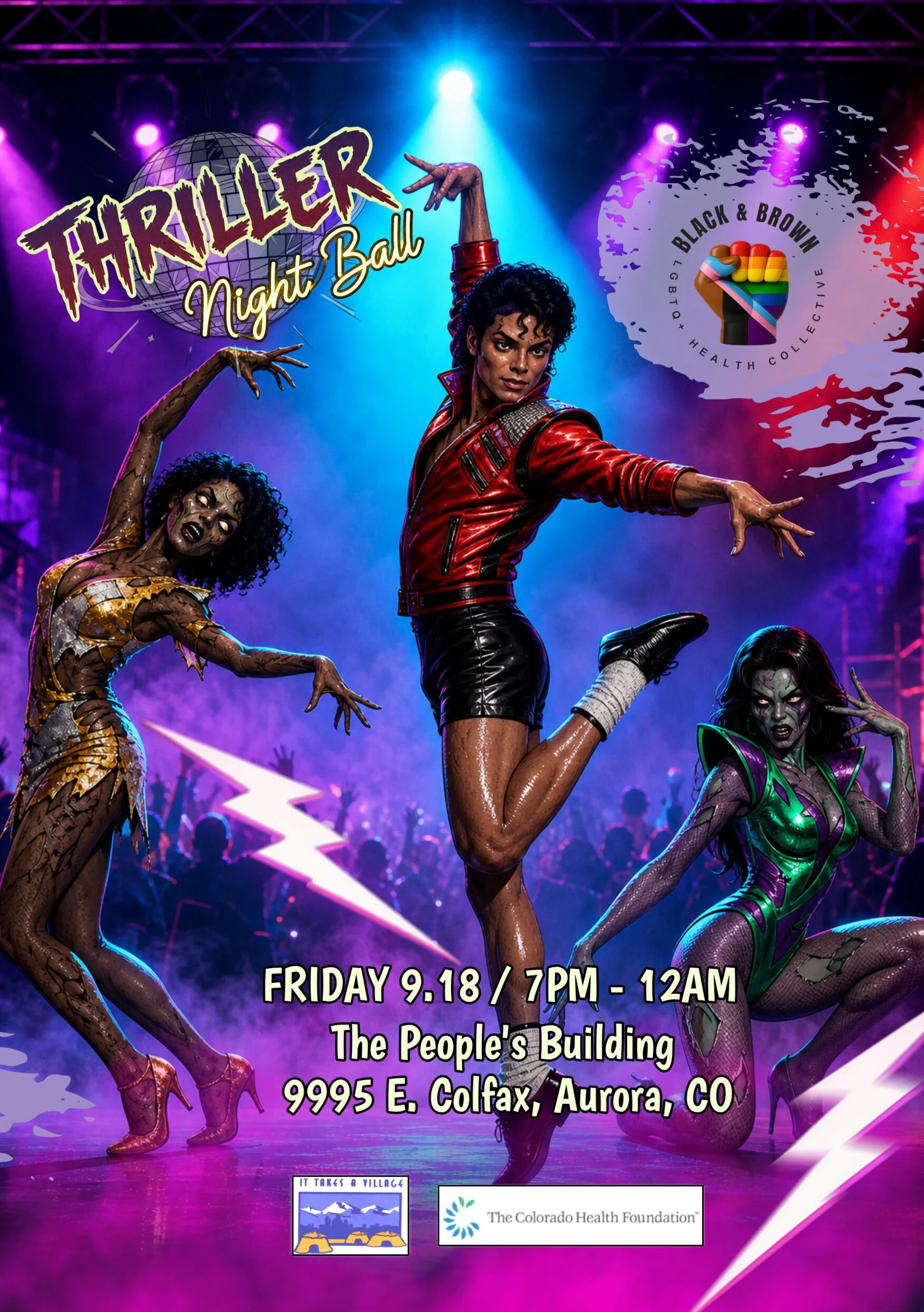 An image of Michael Jackson dancing with some haunted background dancers. Reads "Thriller Night Ball". Click for more info.