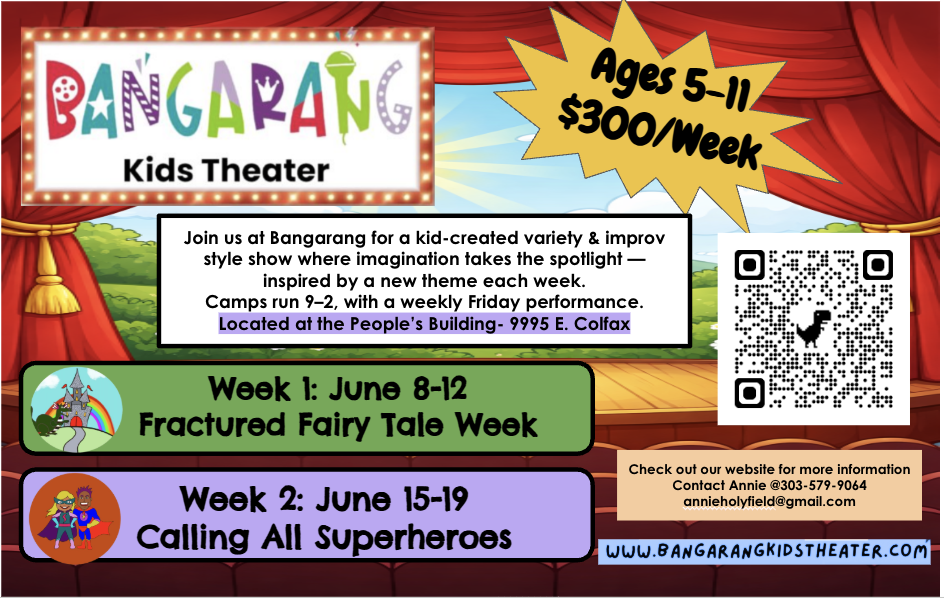 A graphic for Bangarang Kids Theater summer camp. For ages 5 -11. Read below or click the graphic for more details.