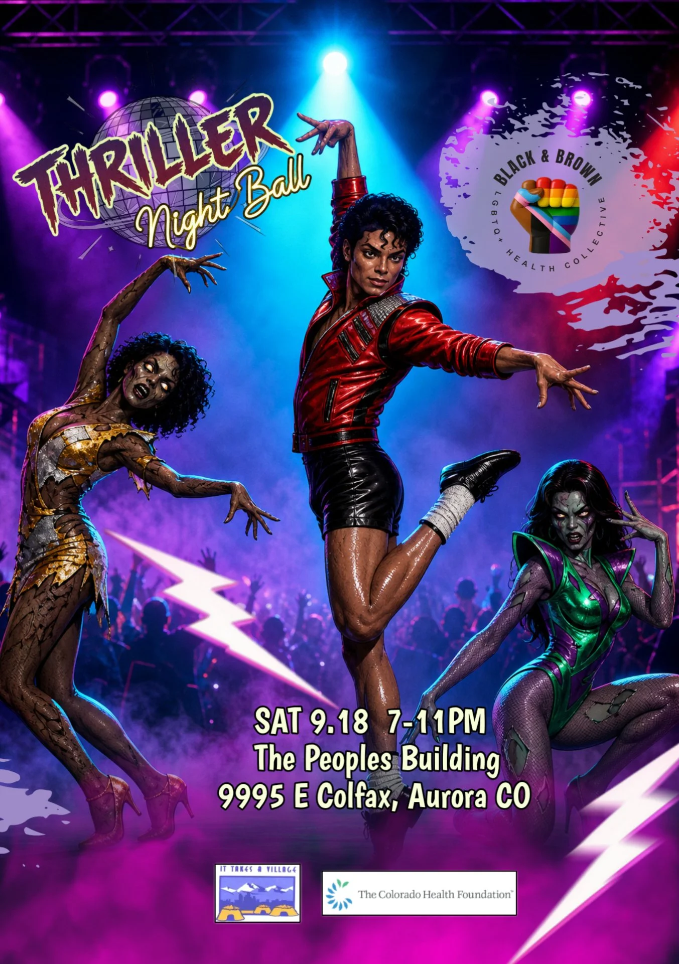 An image of Michael Jackson dancing with some haunted background dancers. Reads "Thriller Night Ball". Click for more info.