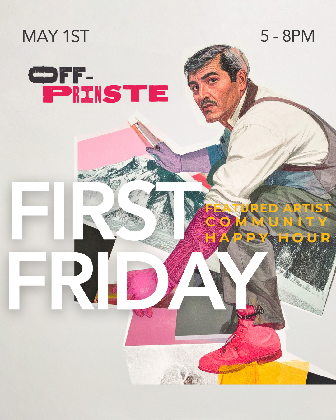 An illustrated image of a printmaker with Off Prinste First Friday. Click for info.