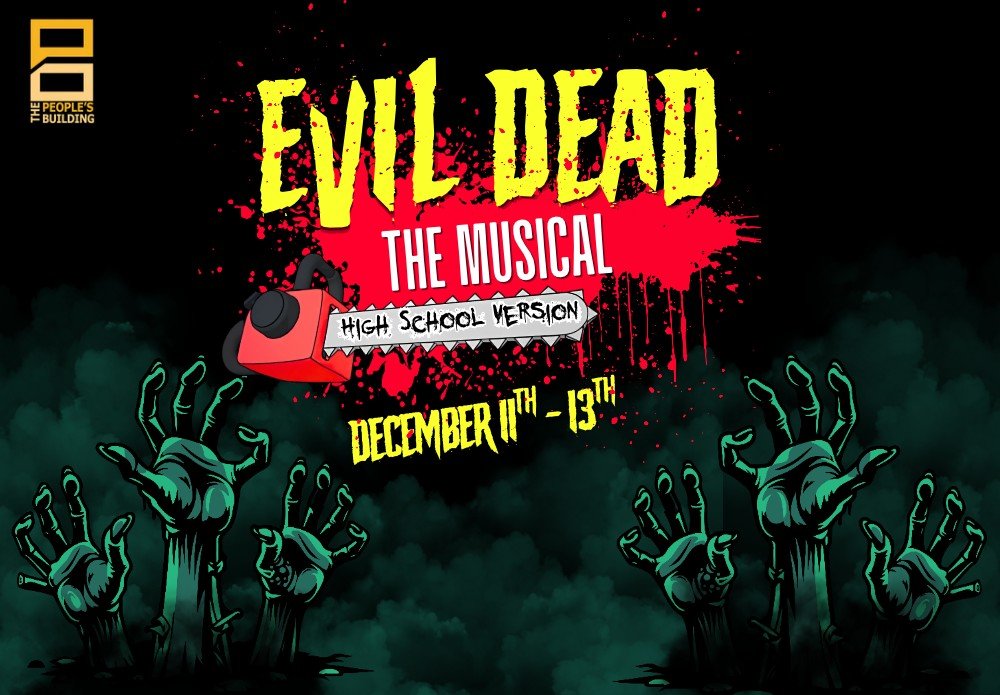 An animated graphic of hands reaching up as if to grab something, clouds in the background. Logo includes a chainsaw with blood splatter behind the logo.