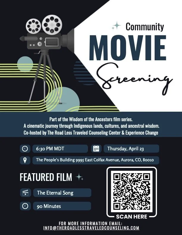 A graphic for a Community Movie Screening of The Eternal Song on Thursday, April 23rd at 6:30pm. The graphic has a movie projector with blue, green, and light blue circles and lines.
