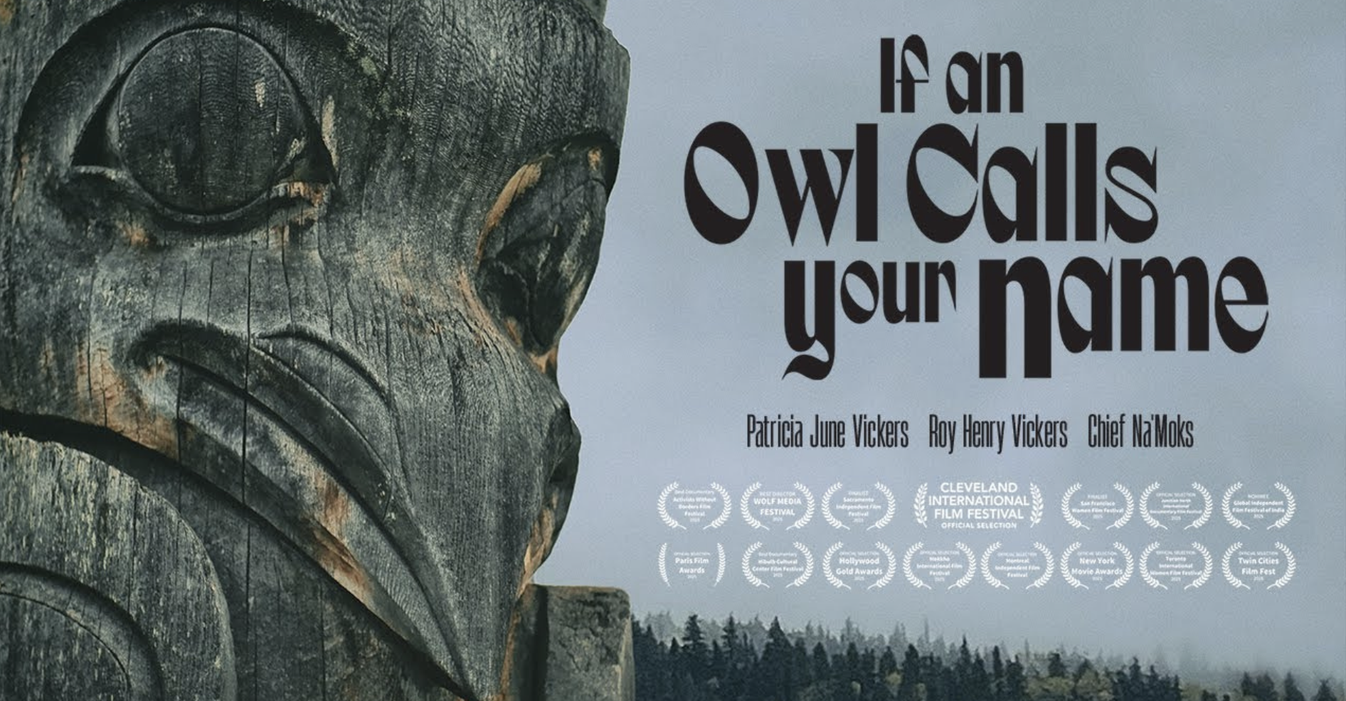 A photo of an owl carved into wood with "If an Owl Calls Your Name" written. Many film festival logos. Click for RSVP info.