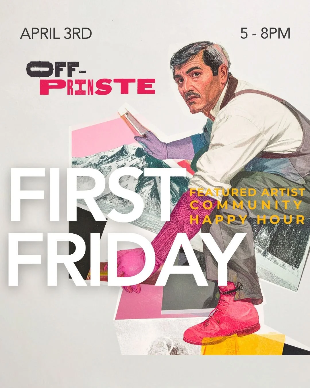 A collage image of a man working in a print shop. Click the image to learn more about Off-Prinste Closing Reception on First Friday.