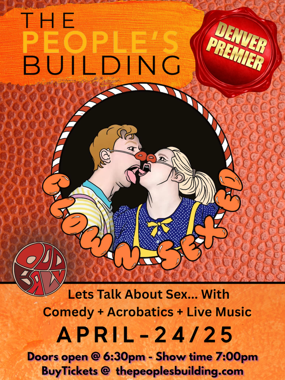 A graphic for Clown Sex Ed an event at The People's Building April 24th and 25th. Two drawn clowns are featured making out... or trying to.