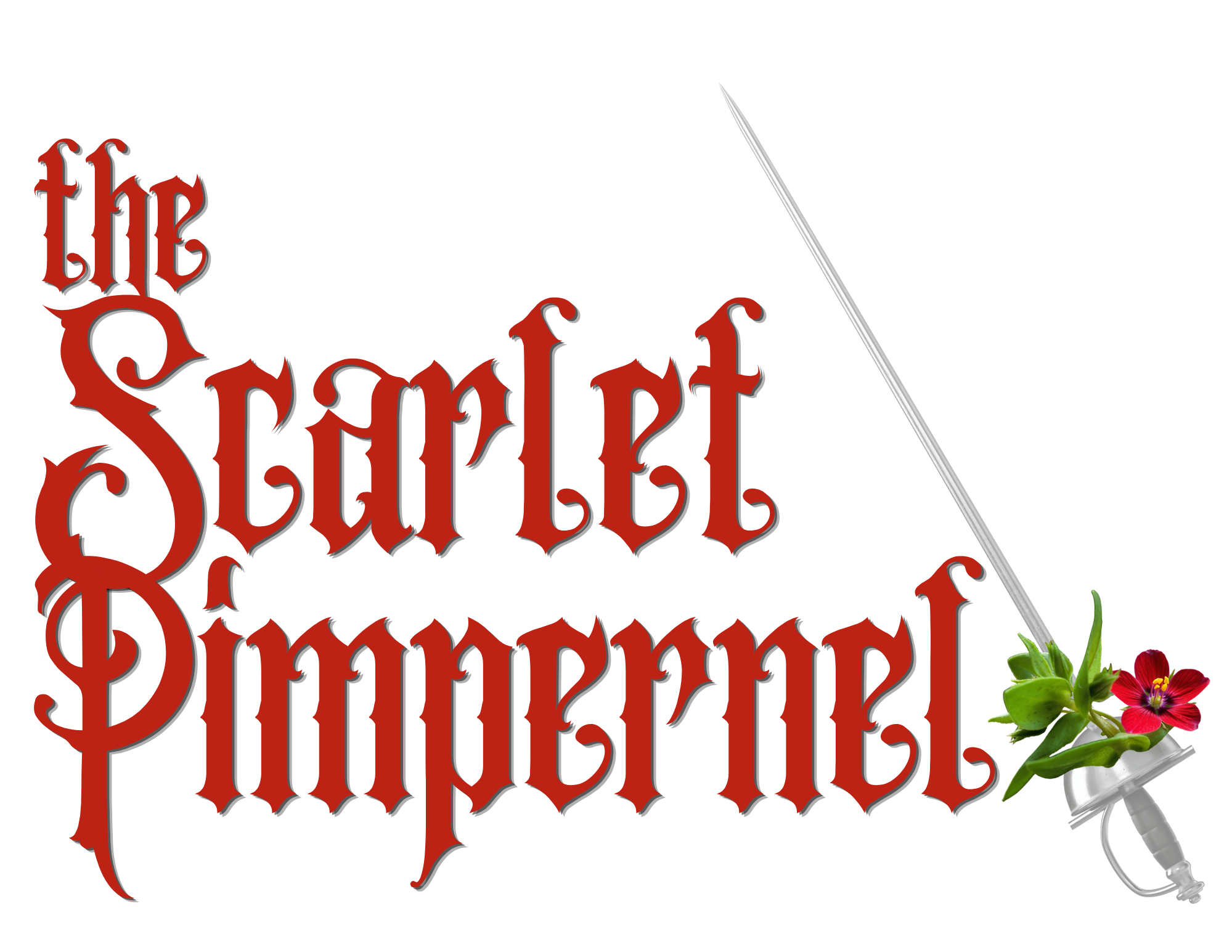 The Scarlet Pimpernel in old timey writing and a sword with a flower on it. Click for show details.