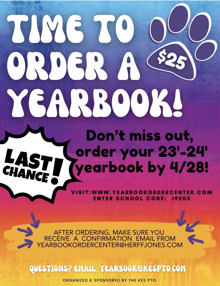 Yearbook sales ending soon! Visit YearBookOrderCenter.com, enter school code 19205. Cut off date is next Sunday, April 28! 

PS: Even if your kids say they don't want one... they will want one. Few extras are ordered, so make sure you get yours today