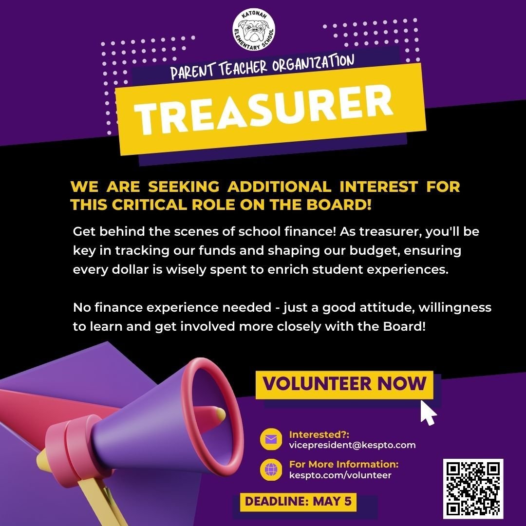 📣 Help us spread the word: we are seeking additional interest for a critical role on the board! Get behind the scenes of school finance! As treasurer, you'll be key in tracking our funds and shaping our budget, ensuring every dollar is wisely spent 