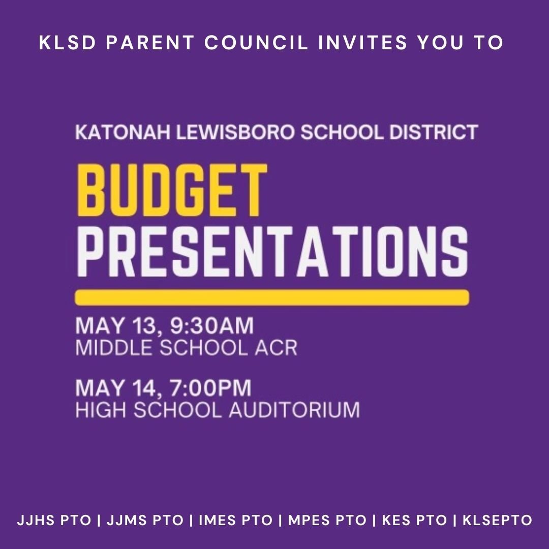 KLSD Budget Presentations are this week! Join us tomorrow at 9:30 in the Middle School ACR or Tuesday at 8:00 PM in the High School Auditorium.

See you there!