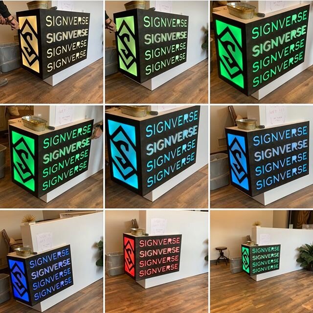 How ya like our new custom front desk? Color changing LED acrylic push through with tinted clear brushed aluminum #acrylic #office #decor #signs #office #renovation