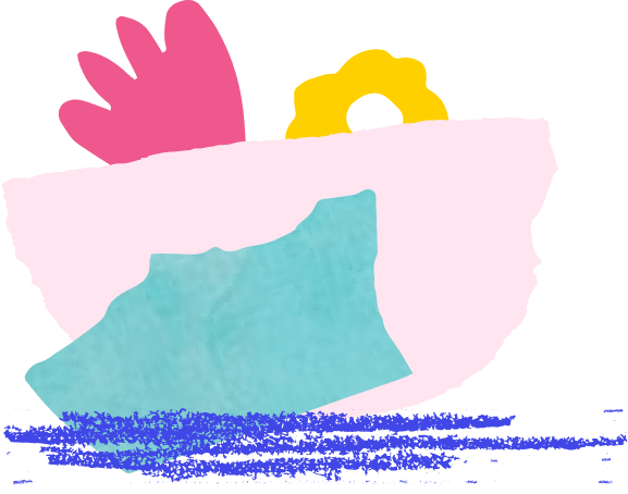 Abstract shape with torn edges, pink bowl with dark pink and yellow flowers behind underlined by dark blue chalk lines.
