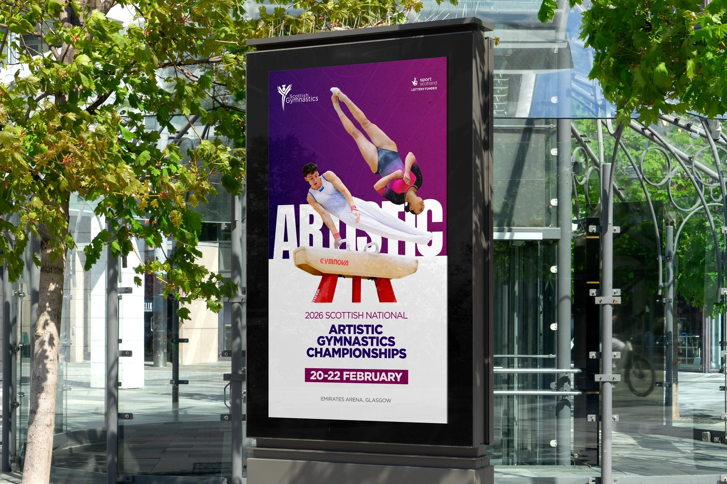  Studio Muse created a new visual identity and creative campaign for the Scottish Gymnastics National Championships, including social media graphics, event branding, print and promotional assets used across multiple gymnastics disciplines. 