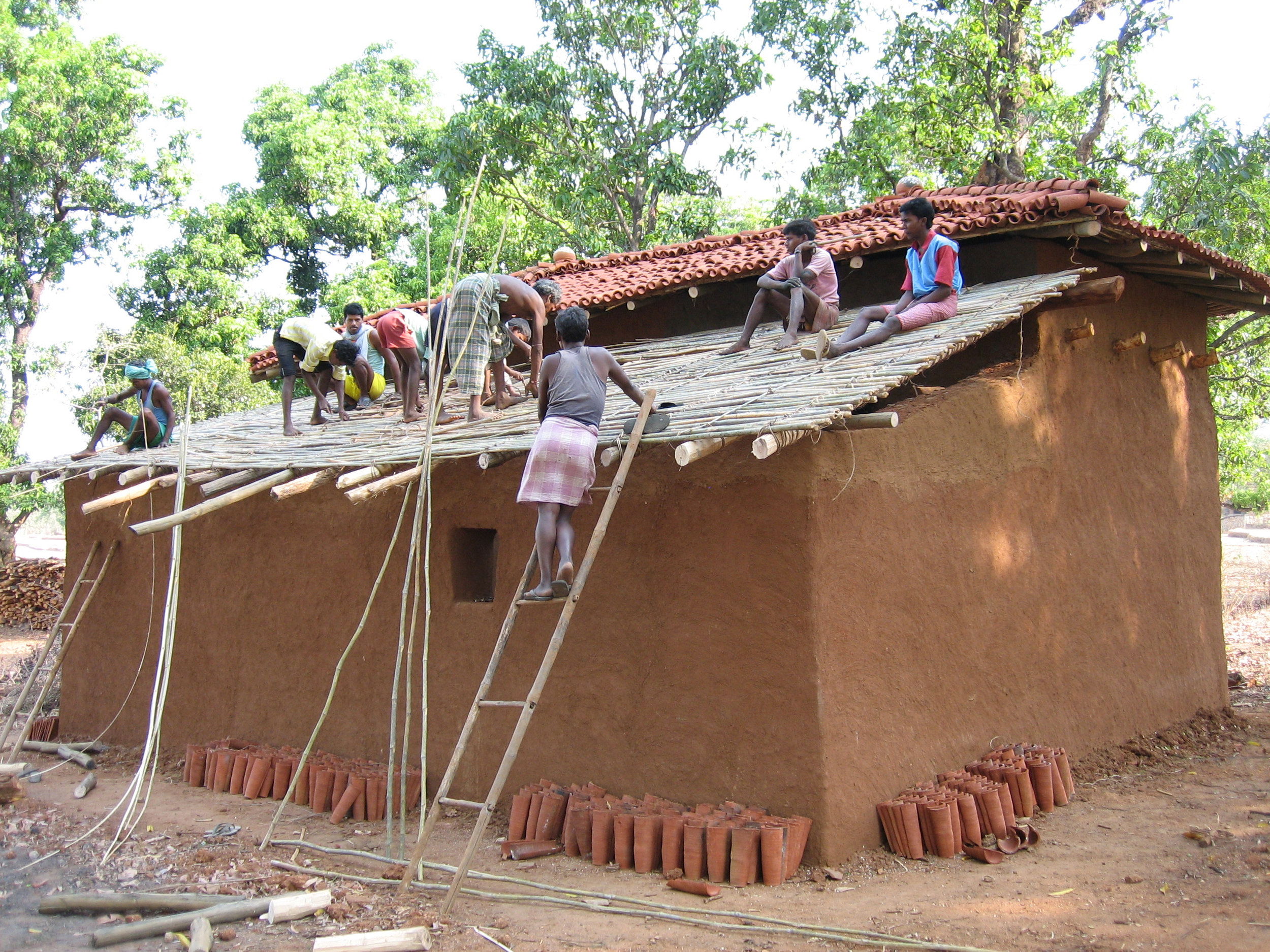 C10 Oraon Adivasis sharing labour to build a house.jpg