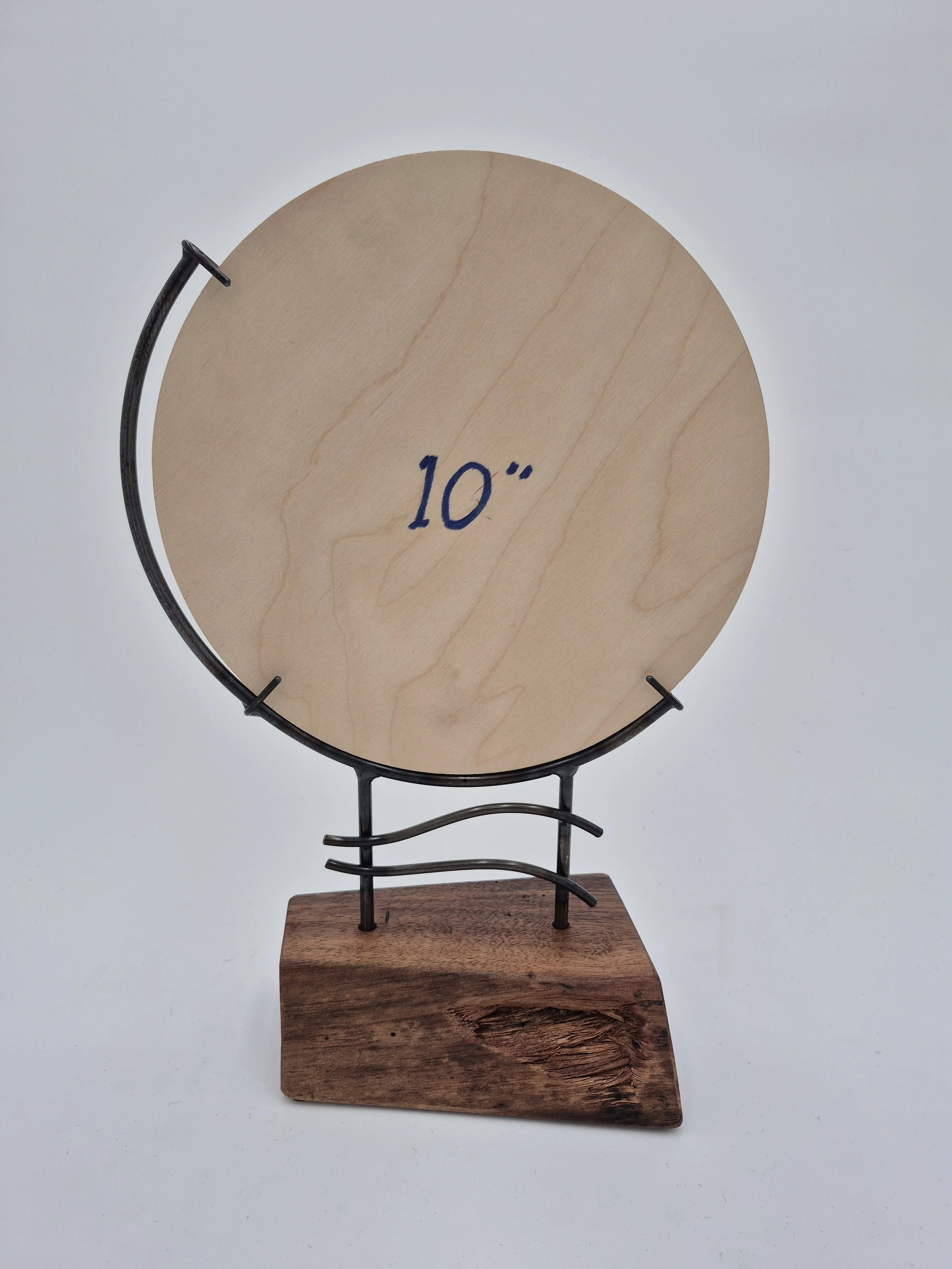 10" round glass frame on black walnut