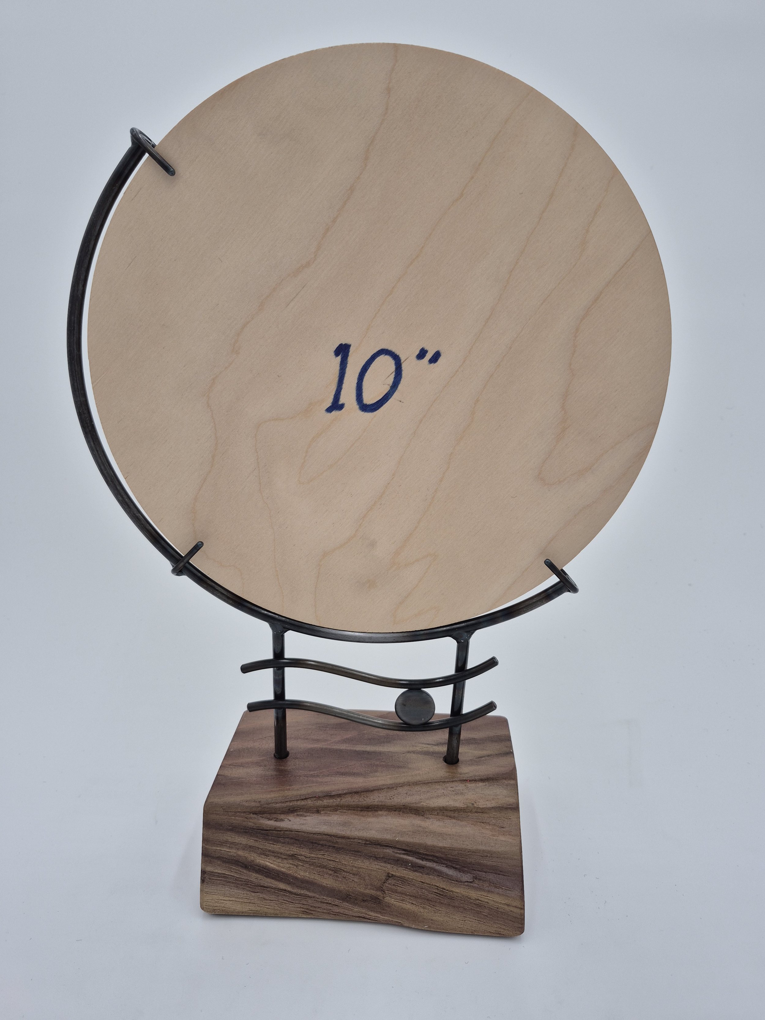 10" round glass stand on rainbow poplar