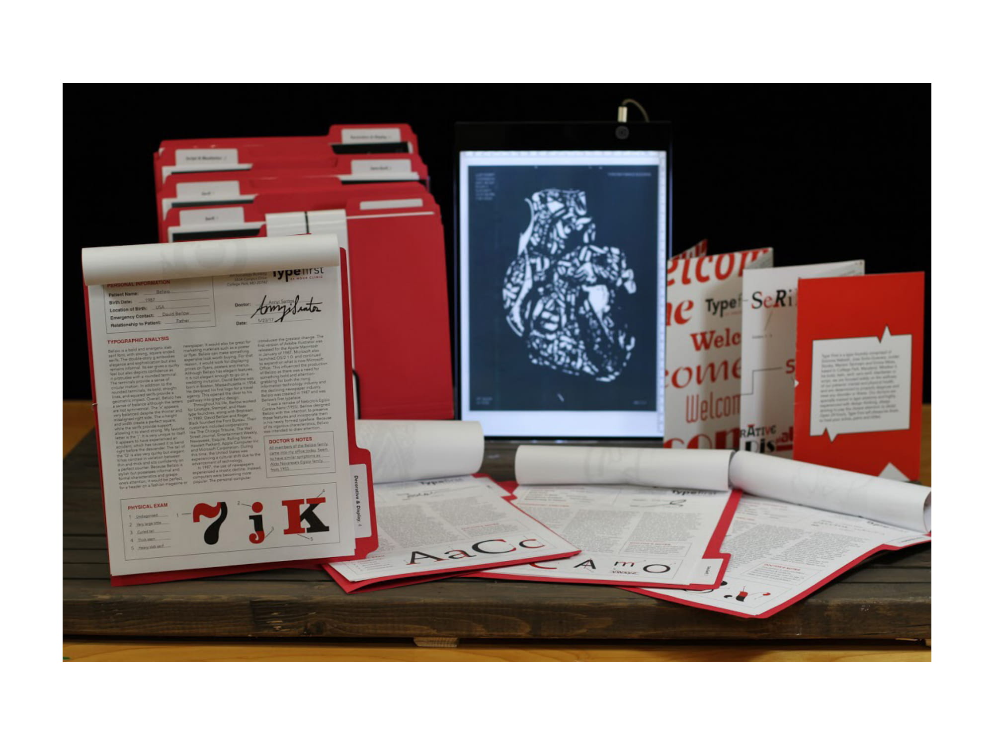 We designed a magazine-catalog for a fictional type foundry, Typefirst Clinic. All fonts are registered "patients" with various "ailments" at the clinic, with accompanying medical sheets detailing these ailments and their patient information.