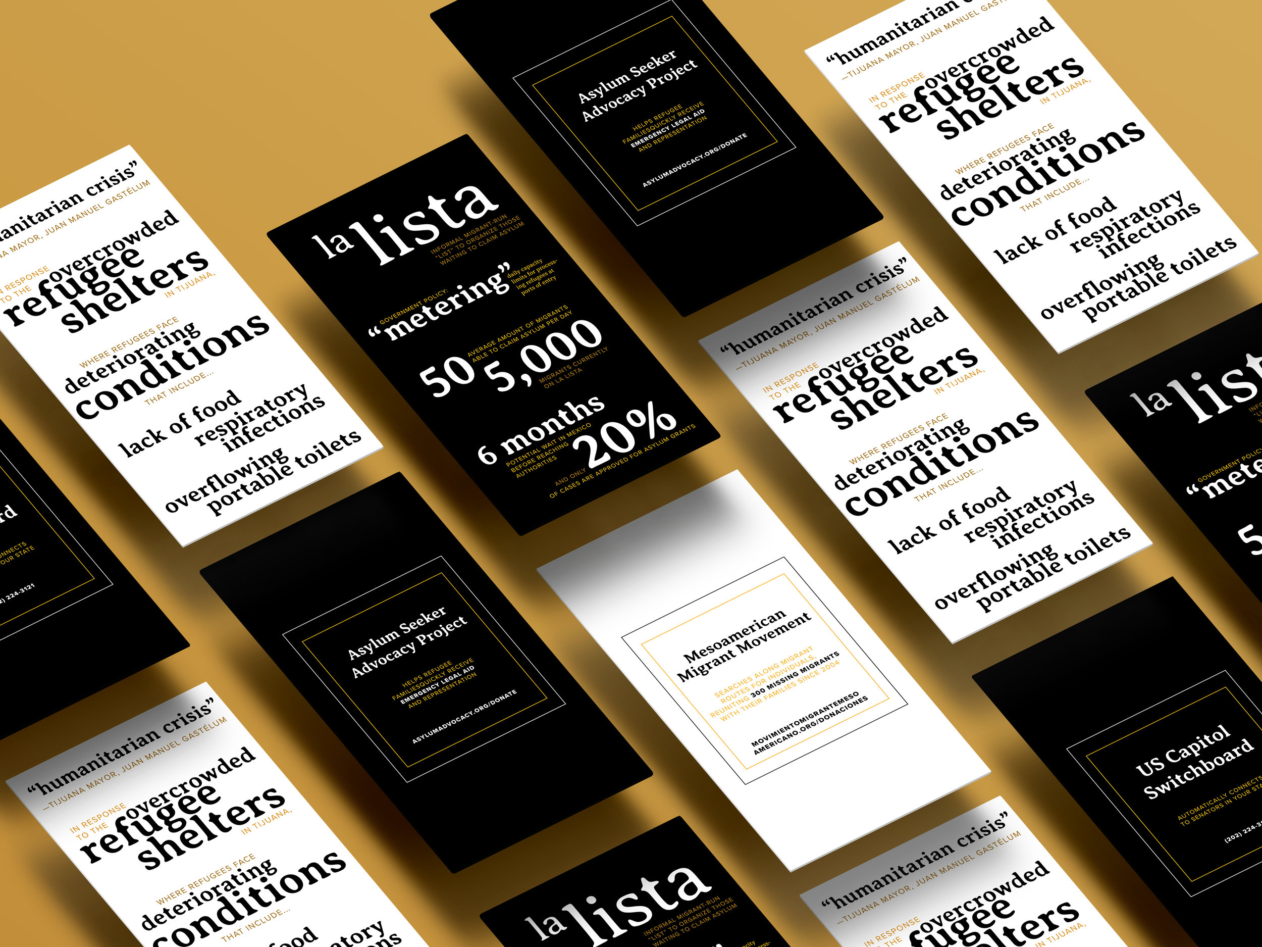 Coinciding with the final project in this series — a design response — was a mass exodus of Central American refugees in October 2018, making their way towards the US border as a caravan. The caravan gained momentum and numbers as it was shared with neighbors and posted about on social media. It connected smaller groups of Central Americans with a larger community, sparking a movement — ideological and literal — of thousands of people who sought change. And the same power of social media could be leveraged to help those members of the caravan — and other migrants — currently in waiting in Mexico to request asylum. Translating to “ripple” in Spanish, Onda is an Instagram account with a mission to create a social ripple effect. Short, powerful, informative graphics summarize the most recent news at the border, so that people can digest the scope of a specific problem with a few swipes of their finger.
