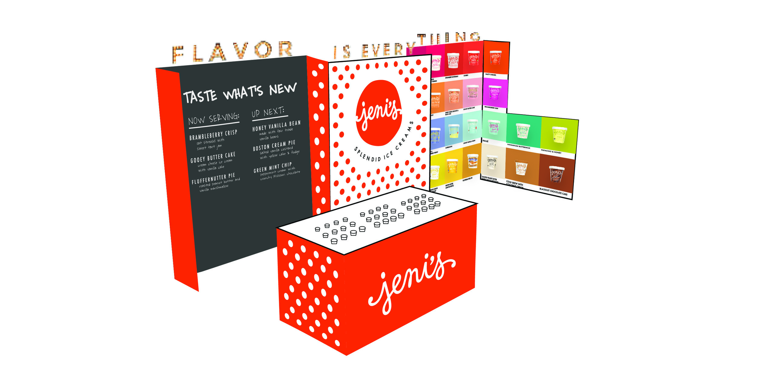 The samples table serves as a center for welcoming visitors into the Jeni’s experience, but visitors are able to move through the booth however they wish, starting with either the Flavor Wall or the samples table. Here, visitors can interact with a Jeni’s team member, which allows them to put a face to the brand — another way to emphasize the values of community and humanity at the core of Jeni’s mission.