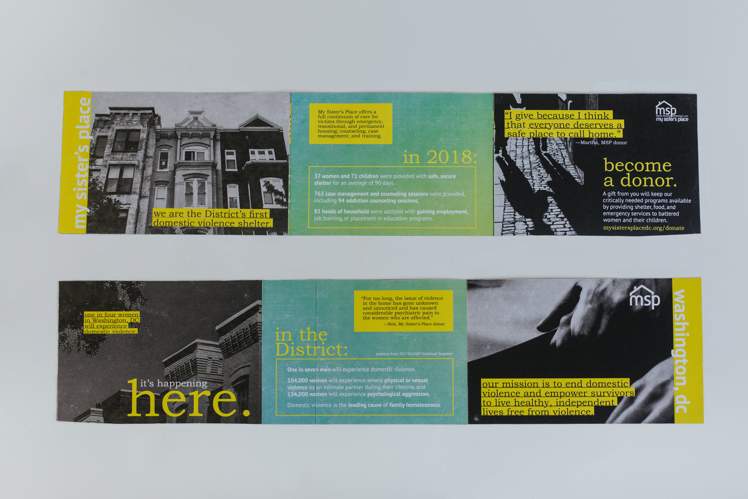 Showing up-to-date statistics of DC domestic violence, as well as concrete evidence of MSP’s impact, will compel the recipients of this mailer to donate to help MSP continue its important, DC-specific work against domestic violence.