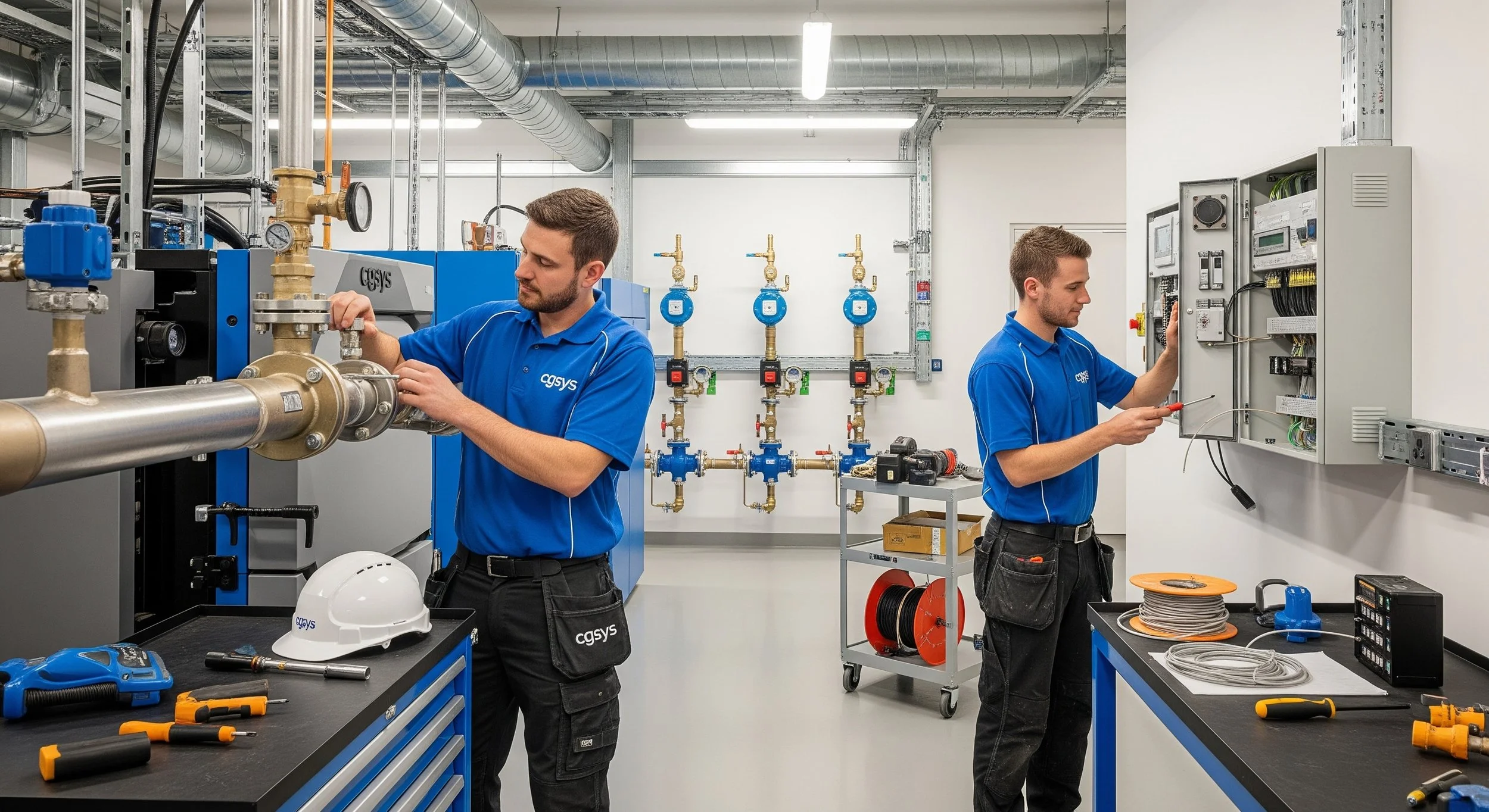 Two technicians working on electrical and plumbing equipment in a utility room. One is adjusting pipes, the other working on an electrical panel. They are dressed in blue shirts with the logo 'CGYS' and have tools on the workbenches.