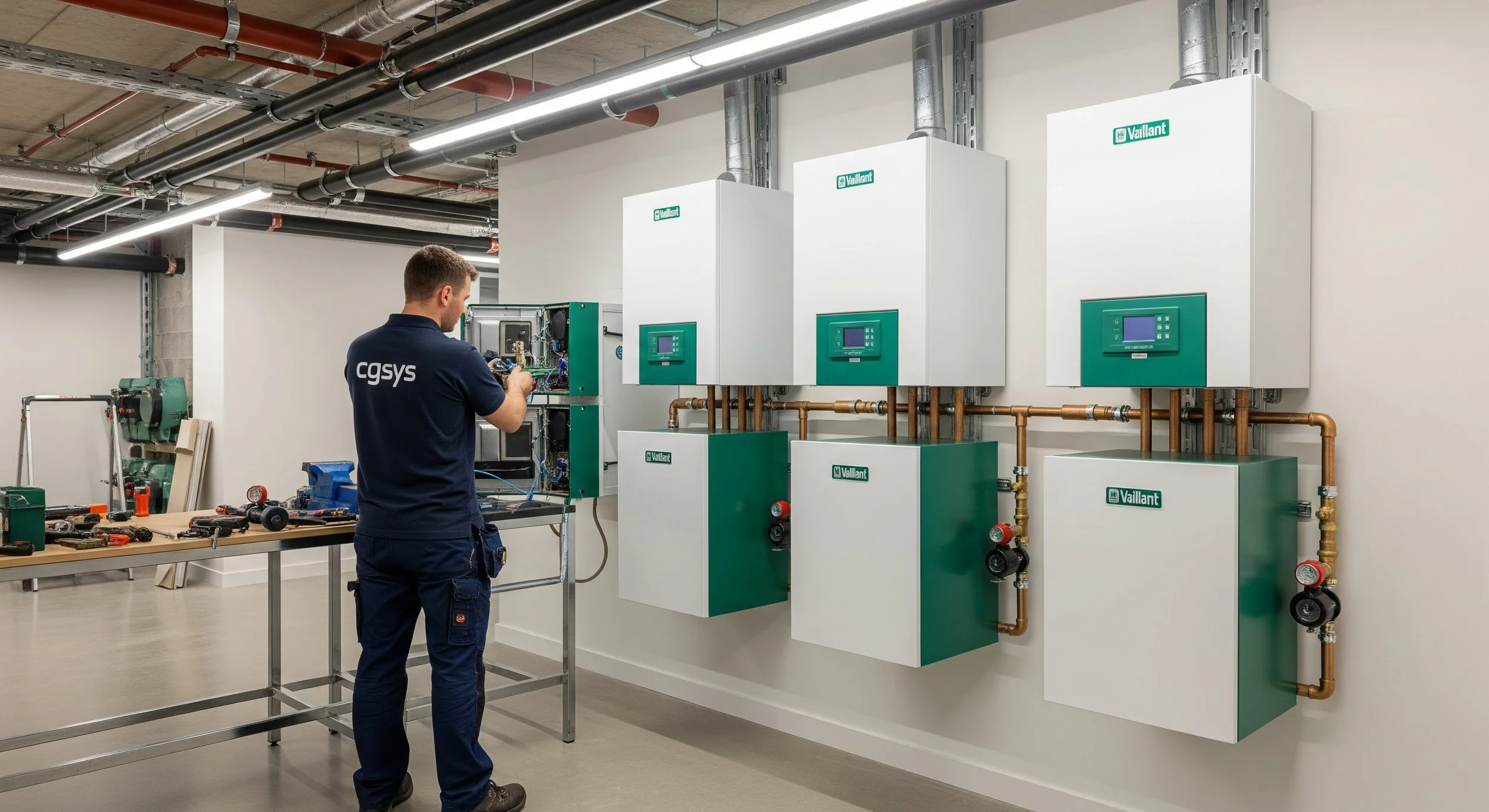 Technician working on HVAC control systems in an industrial setting with pipes and control units labeled Vaillant.