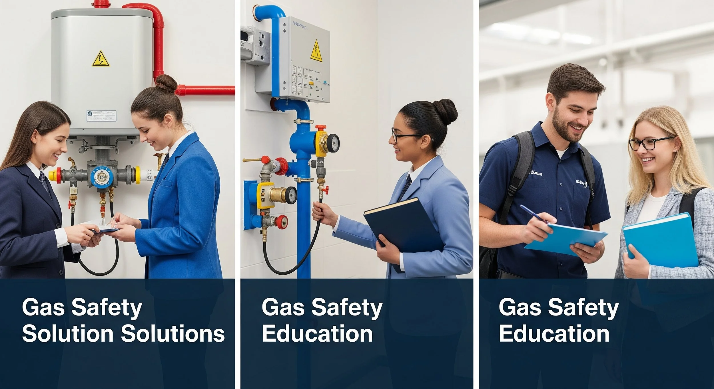 Three groups of people engaged in gas safety training: two women discussing safety solutions, a woman testing gas safety equipment, and a man and woman discussing notes with notebooks in a well-lit industrial setting.