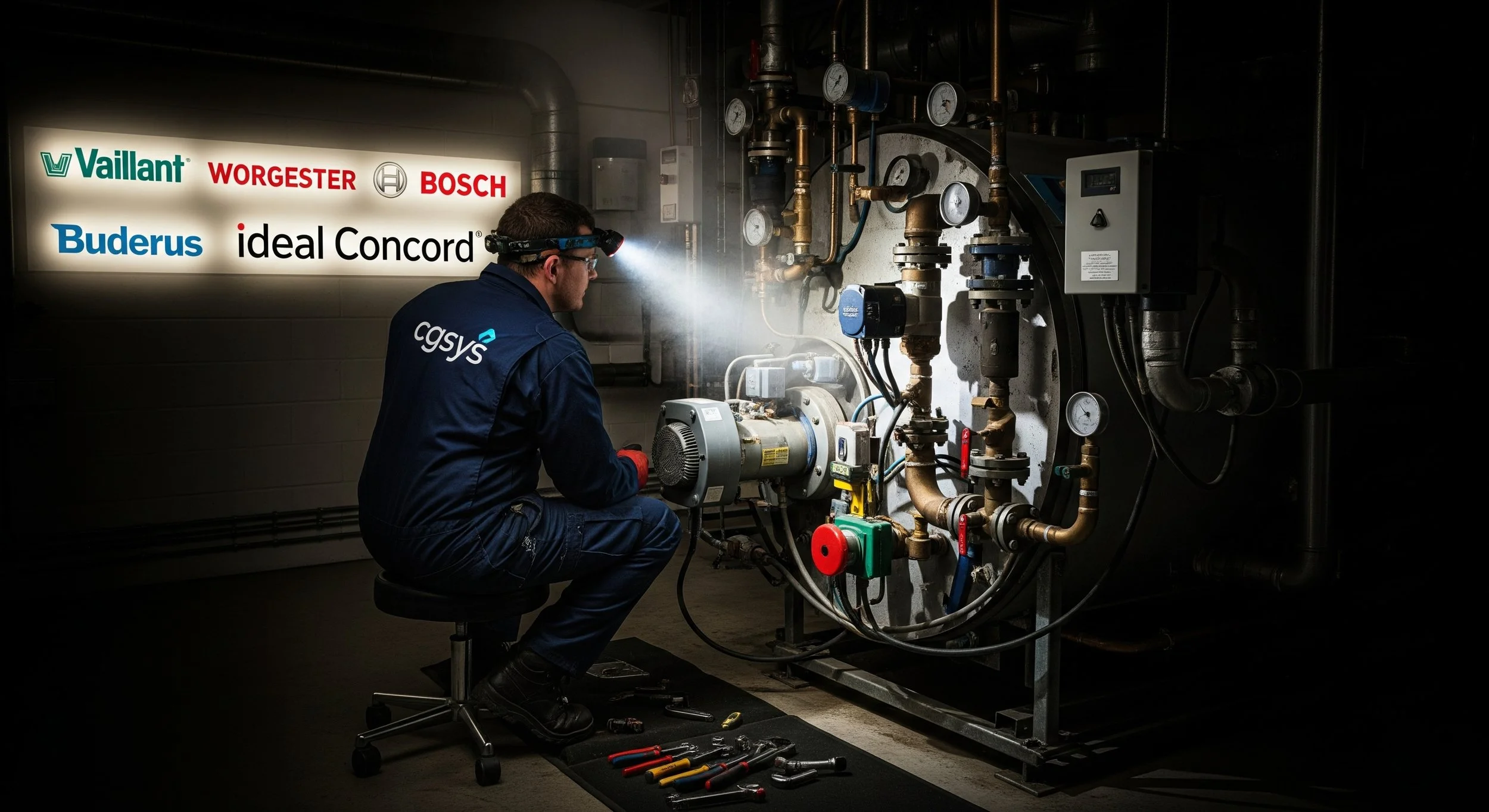 A technician in a navy blue uniform with 'casys' logo kneeling on a stool working on industrial plumbing equipment with gauges, pipes, and a motor in a dimly lit room. Tools are on the floor nearby. A backlit sign displays logos of Vaillant, Worgester, Bosch, Buderus, and Ideal Concord.