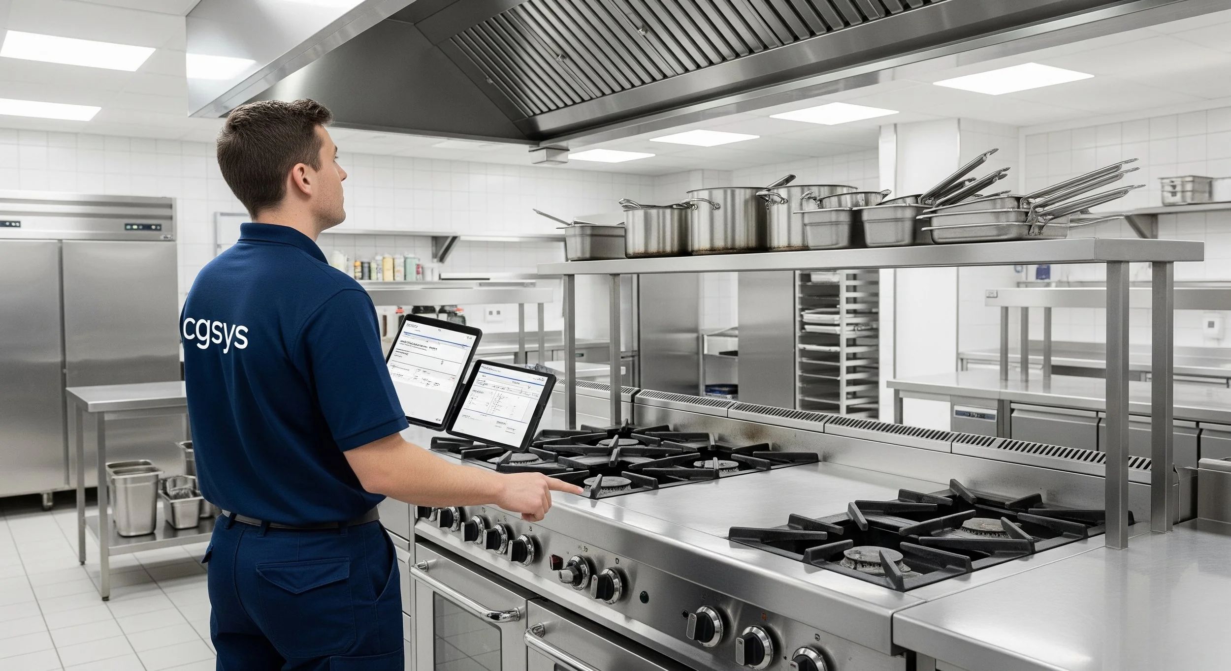 A kitchen staff member wearing a blue uniform with 'cgsys' on the back is working at a stainless steel stove with two tablets in front of him, in a commercial kitchen with stainless steel shelves and appliances.
