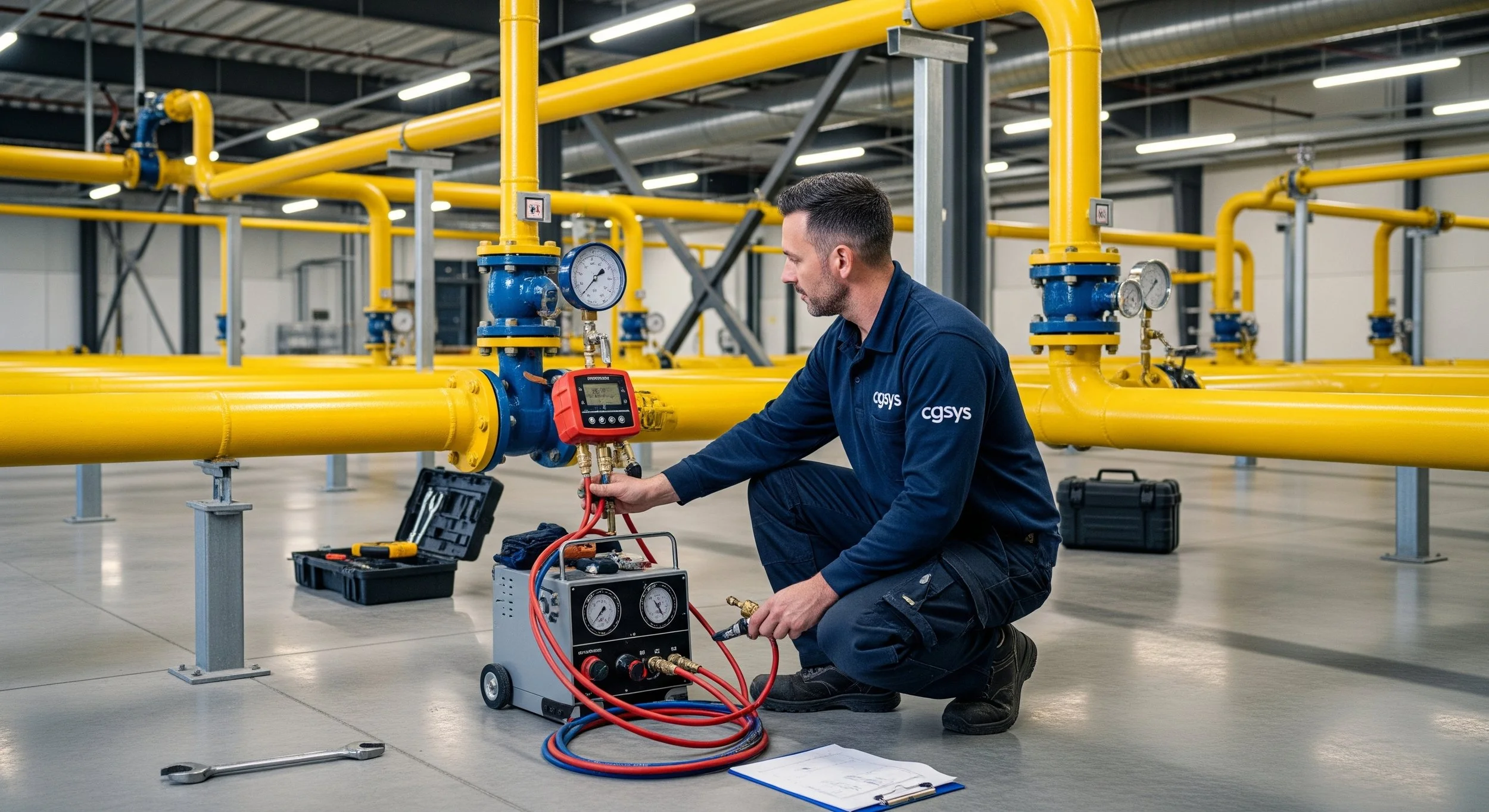 A technician working on industrial pipeline equipment with yellow pipes and gauges in a factory setting.