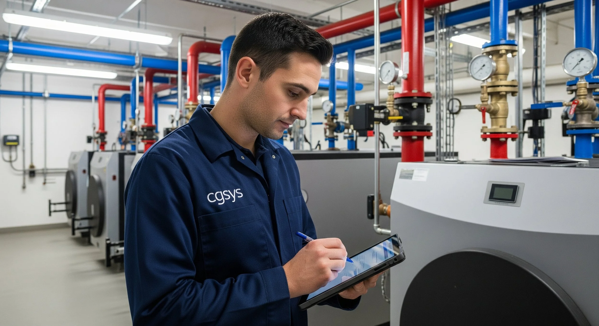 Technician in a blue uniform writing on a tablet in an industrial setting with pipes and gauges in the background.
