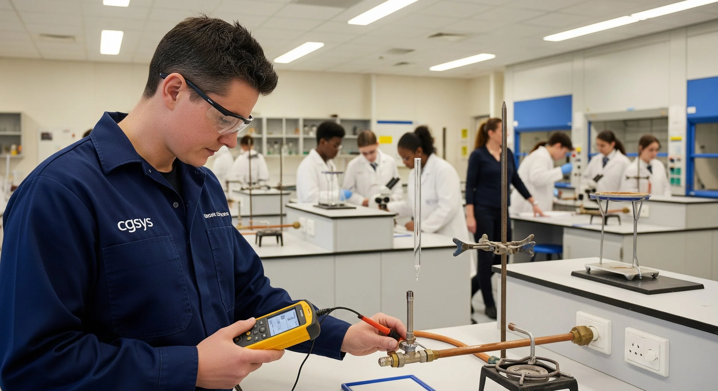 A young male student wearing safety goggles and a blue lab coat working with scientific instruments in a laboratory. In the background, several students and an instructor are engaged in experiments.