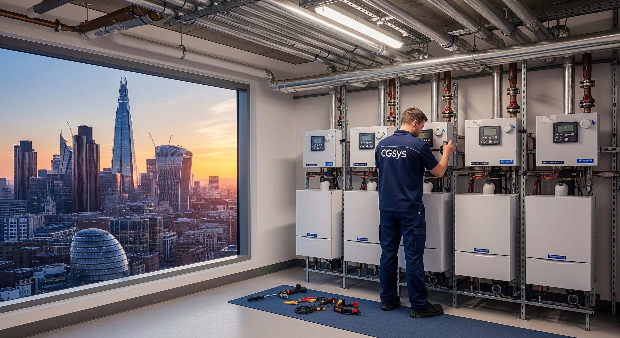 Technician working on equipment in a high-rise building with a city skyline view at sunset.