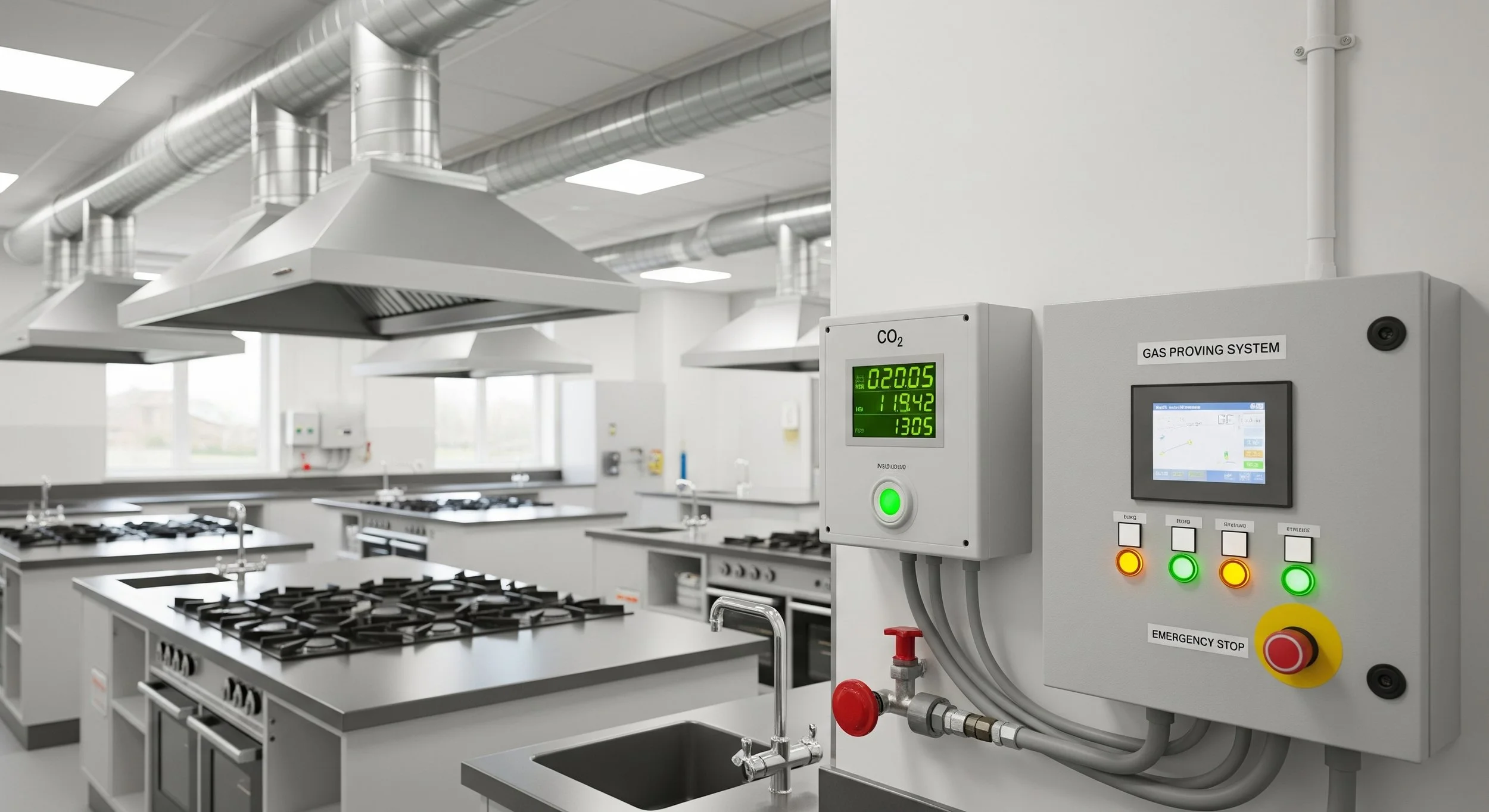 Commercial kitchen with multiple stoves, ventilation hoods, and a gas control system panel with digital displays and buttons.
