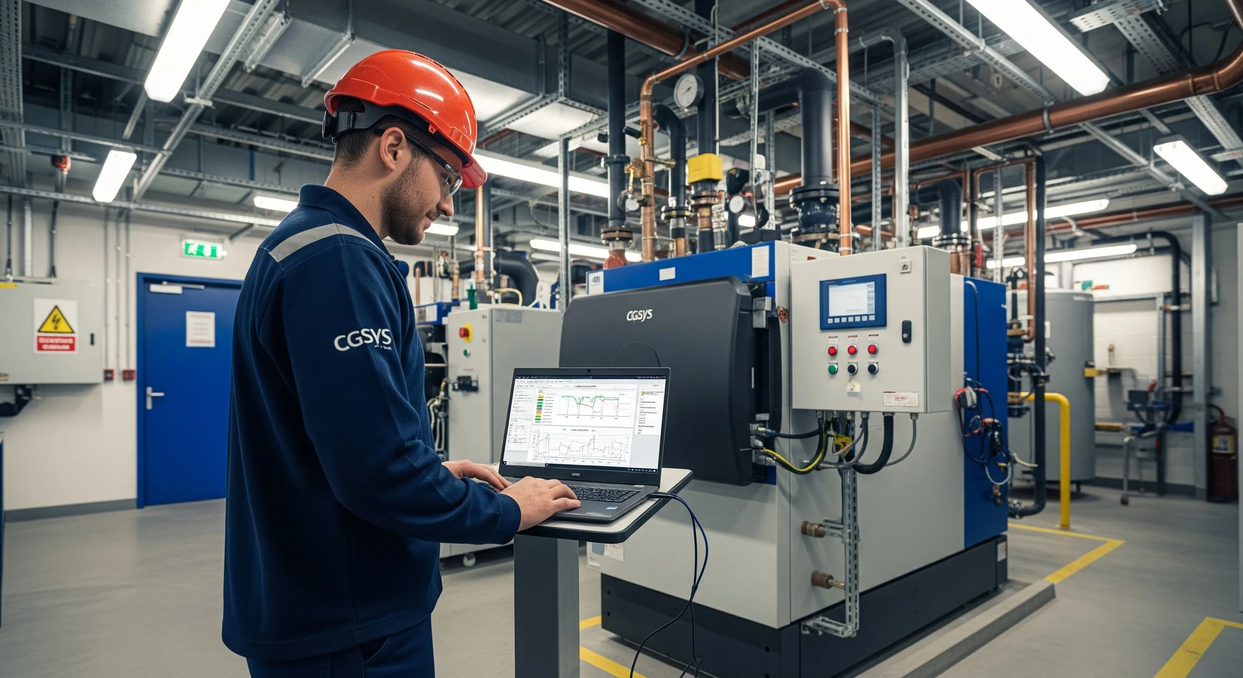 A technician in safety gear working with industrial equipment and monitoring system data on a laptop in an industrial plant.