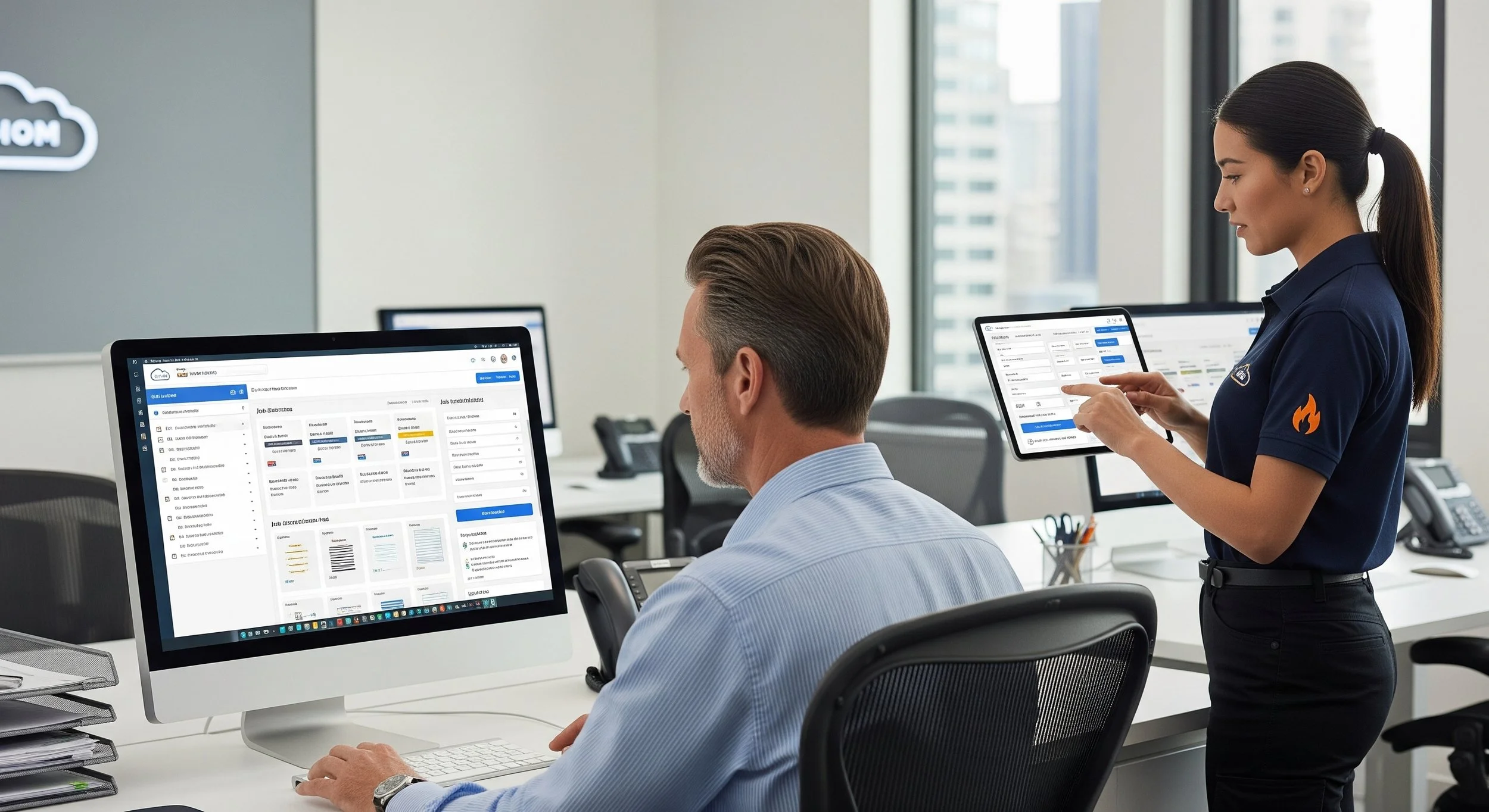 A woman and a man in an office, working with digital tablets and computers. The woman is standing, pointing at her tablet, while the man is seated at his desk, looking at his computer screen.