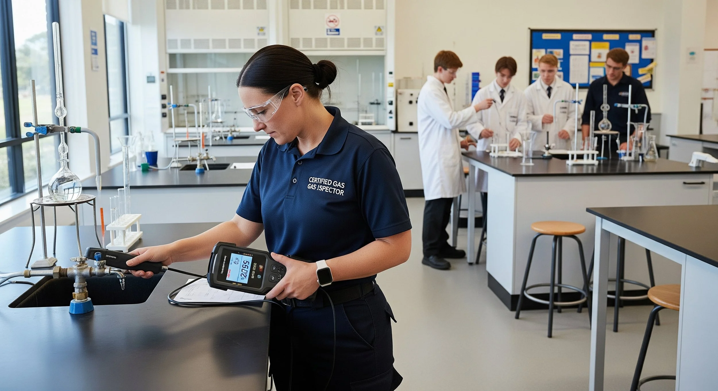 A woman in a blue shirt labeled 'Certified Gas Gas Inspector' is testing gas levels with a portable device in a classroom laboratory. In the background, four students in white lab coats and a teacher are working at lab stations with glassware and equipment.