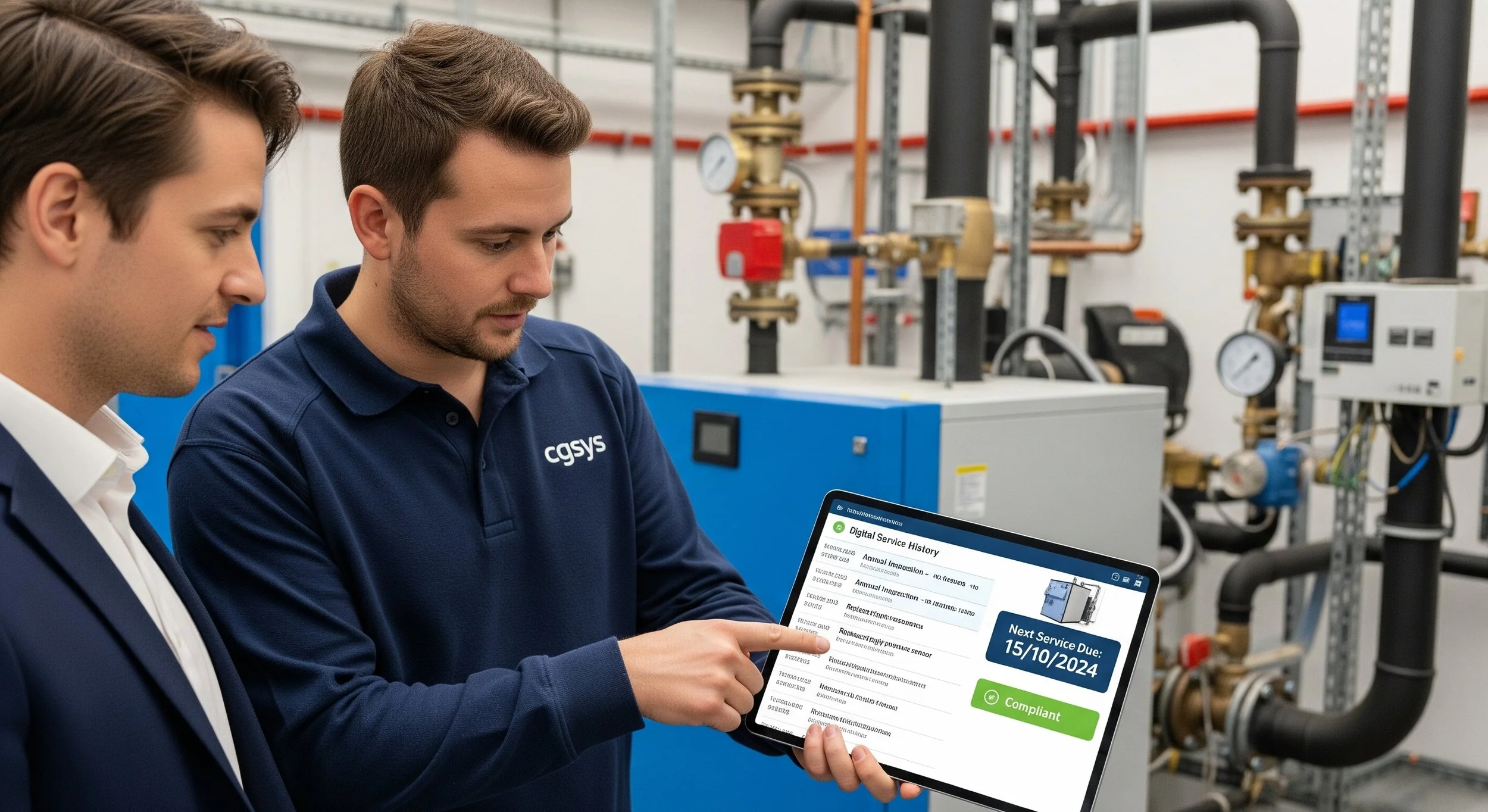 Two men inspecting digital service history displayed on a tablet in an industrial setting with machinery and pipes in the background.
