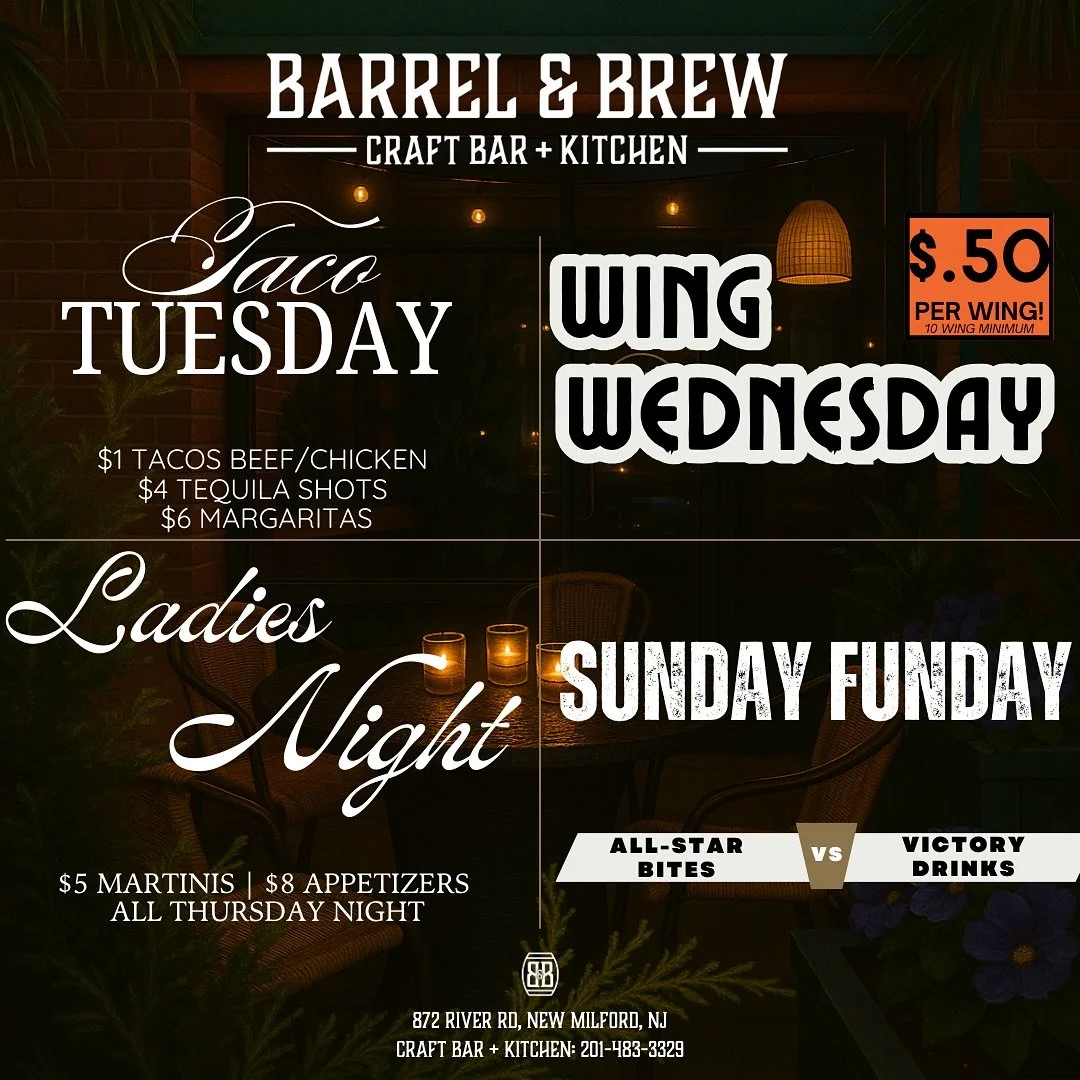 Why wait for the weekend?
🌮 Tacos on Tuesday
🍗 Wings on Wednesday live music by @djnyse_ 
🍸 Ladies Night Thursday
🏈 Sunday Funday

Incredible specials every week at @barrelandbrewcraftbar