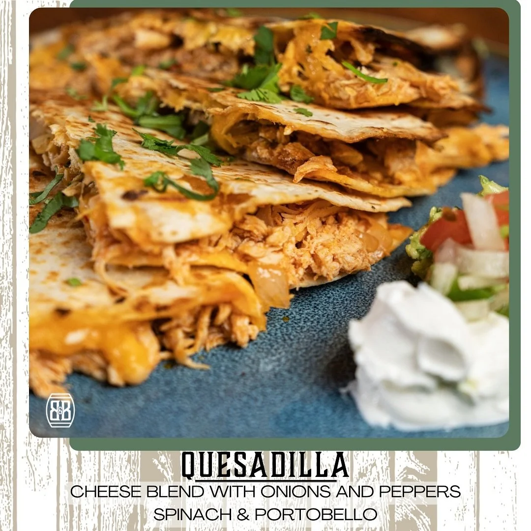 Cheesy. Crispy. Crave worthy.

Our quesadilla is stacked with a gooey cheese blend, saut&eacute;ed onions, peppers, spinach &amp; portobello grilled to golden perfection.
Add a cold one and you&rsquo;re set. 🍻🌯

📍Only at @barrelandbrewcraftbar