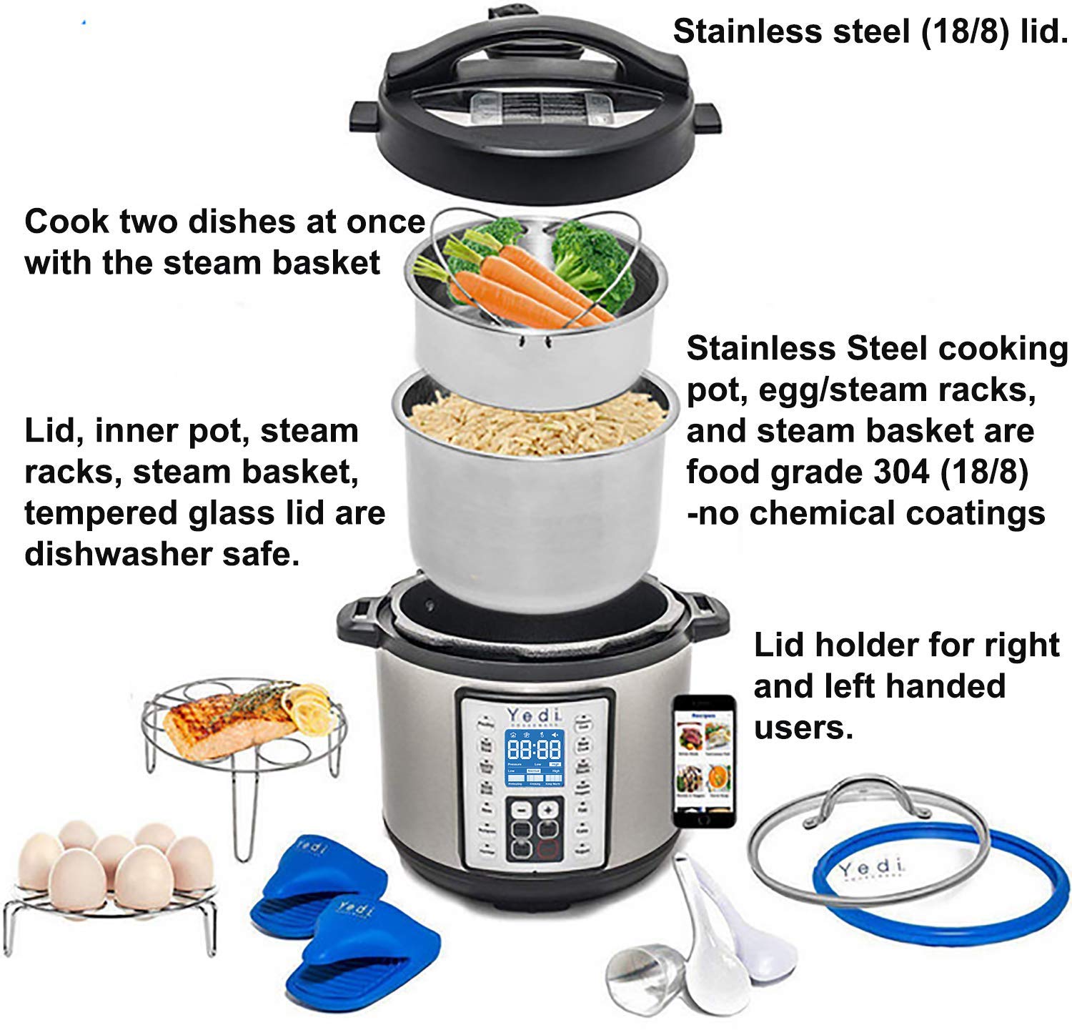 Instant Pot Electric Pressure Cooker Accessory Official Steamer Insert Set,  Includes Long Handled Trivet, Steamer Basket, Broiler Pan to fit all 8qt