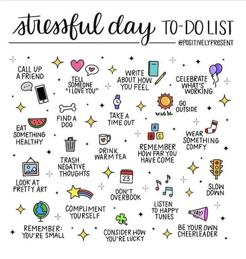 I love this graphic from Positively Present! So many simple ways to reframe on a stressful day.