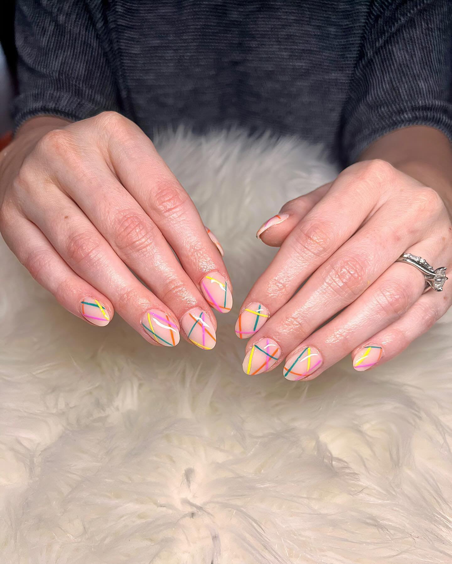 💅 Designed by Annie&hearts;️
Color your world with Annie&rsquo;s vibrant lines on a soft pink canvas! 🎨💖 Let your nails become the canvas for creativity at Bliss Nails &amp; Spa. 

#NailArt #ColorfulLines #CreativeDesigns #nailsdesign #maynails #s