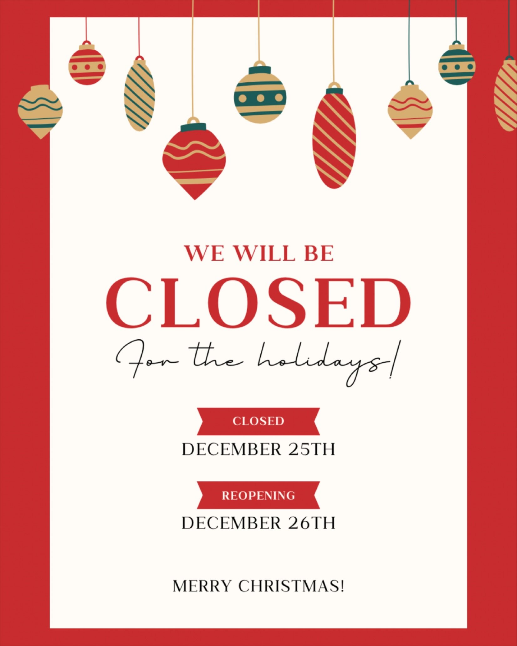 🎄 Holiday Closure Notice 🎄
We&rsquo;ll be closed on December 25th to spend time with our families, and will reopen on December 26th.

This season, we&rsquo;re feeling so grateful for every single one of you &mdash; thank you for choosing us, trusti
